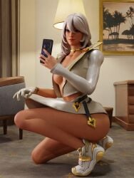 alternate_version_available aphrodite aphrodite_(fortnite) ass big_ass big_breasts breasts choker clothed clothed_female clothing dark-skinned_female dark_skin female female_only fortnite glove jabbi_2k jacket jacket_open looking_at_phone mirror_selfie open_clothes partially_clothed partially_clothed_female selfie shiny shiny_skin skirt_lift skirt_up smile smiling solo solo_female squat squatting watch