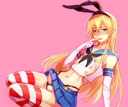 1boy black_panties blonde_hair blue_eyes cosplay crossdressing elbow_gloves erection erection_under_clothes femboy finger_to_mouth g-string girly gloves hairband highleg highleg_panties highres kantai_collection long_hair male microskirt midriff naughty_face panties penis precum shimakaze_(kantai_collection) shimakaze_(kantai_collection)_(cosplay) skirt solo striped striped_legwear testicles thighhighs thong trap tsukuru_(seki_sabato) underwear white_gloves