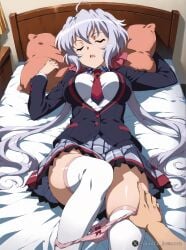 1boy 1girls ahoge ai_generated bed breasts closed_eyes female large_breasts lying necktie on on_back open_mouth panties panty_pull pillow pink_panties pov remote_komusou school_uniform senki_zesshou_symphogear senki_zesshou_symphogear_xv shiny shiny_skin skirt sleep_molestation sleeping solo solo_focus straight thighhighs twintails underwear yukine_chris