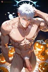 1boy abs ai_generated bangs bara blue_eyes bush bushy_pubes completely_nude erection gay genital_fluids genitals goldenfieldszho hair hairy hairy_armpits hairy_arms hairy_balls hairy_legs hairy_male halloween halo jack-o'-lantern jujutsu_kaisen large_pectorals looking_at_viewer male_focus male_pubic_hair muscular muscular_male naked naked_male navel nipples nude pectorals penis pubic_hair pumpkin satoru_gojo short_hair smile solo sweat sweatdrop sweating sweaty sweaty_balls sweaty_body sweaty_genitalia sweaty_legs sweaty_thighs testicles thick_thighs thighs uncensored vein veins veiny veiny_arms veiny_muscles white_hair yaoi