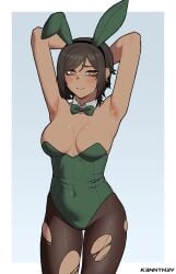 animal_ears armpits arms_up bow bowtie breasts brown_eyes brown_hair brown_pantyhose dark-skinned_female dark_skin detached_sleeves eotard female green_bow green_bowtie green_leotard hair highres k3nnyn3v large_breasts limbus_company outis_(limbus_company) pantyhose project_moon rabbit_ears short sidelocks solo sweat torn_clothes torn_pantyhose