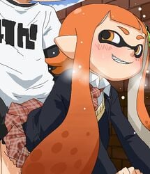 aliasing bent_over blue_inkling_boy blue_sky blush blush_lines blushing boyfriend-girlfriend brick_wall clothed_sex cloud cute_fang doggy_style fang female from_behind grin heavy_breathing inkling inkling_boy inkling_girl john_(splatoon) kaori_(splatoon) long_hair long_sleeves looking_back mask necktie orange_eyes orange_hair orange_inkling_girl plaid plaid_necktie plaid_skirt pleated_skirt pointy_ears pseudo_hair school_uniform schoolgirl sex sharp_teeth skirt skirt_lift sky smile smooth_skin snow splatoon sweat sweater_vest sweating teeth tentacle_hair tomu_(tomubobu)