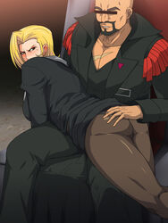 1boy 1girls ass blonde_hair charlemagne_(monsuno) female forced gureko_rouman hand_on_ass lipstick monsuno pantyhose questionable_consent