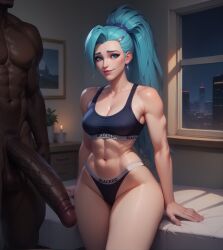 1boy 1girls ai_generated blacked blacked_clothing blue_eyes blue_hair breasts dark-skinned_male dark_skin faceless_male female indoors interracial k/da_all_out_series large_penis league_of_legends light-skinned_female light_skin male muscular_male narrow_waist panties ponytail queensphynx riot_games seraphine_(league_of_legends) smile smiling_at_viewer sports_bra standing straight wide_hips