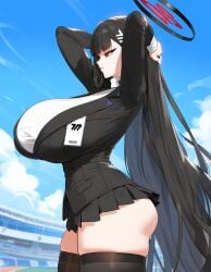 1girls ai_generated big_breasts black_hair blue_archive breasts female female_focus female_only huge_breasts large_breasts long_hair red_eyes rio_(blue_archive) thick_thighs thighs