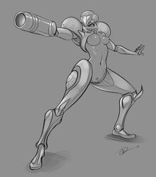 arm_cannon armor breasts female greyscale human izra light_suit metroid monochrome navel nintendo power_suit pubic_hair pussy samus_aran tagme uncensored