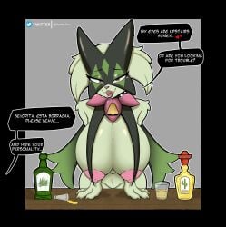 anthro areola big_breasts breasts drunk female generation_9_pokemon hambusan hanging_breasts hi_res jpeg meowscarada nintendo nipples pink_areola pink_nipples pokemon pokemon_(species) solo substance_intoxication