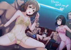 3girls 4boys abs arm_held_back arms_behind_back babydoll beard_stubble black_babydoll black_hair blush bow bra breasts brown_hair cameltoe censored clenched_teeth couch facial_hair gangbang glasses grabbing_another's_breast grin groping group_sex hairbow hand_on_another's_thigh hibike!_euphonium hisaishi_kanade jewelry large_breasts medium_breasts multiple_boys multiple_girls muscular muscular_male navel necklace okina_(805197) oumae_kumiko panties penis pink_babydoll pink_panties red_eyes restrained see-through_bra see-through_clothes see-through_underwear sex sex_from_behind shorts smile spread_legs standing standing_sex stubble table tanaka_asuka teeth thank_you underwear yellow_babydoll yellow_eyes