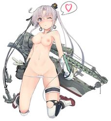 :< akitsushima_(kantai_collection) anchor breasts crane damaged earrings female h8k headgear jewelry kantai_collection kneeling leg_garter machinery military mini_hat nipples nude nude_filter official_art one_eye_closed photoshop pussy seaplane shizuma_yoshinori side_ponytail silver_eyes silver_hair solo thigh_strap thighhighs torn_clothes torn_thighhighs turret uncensored