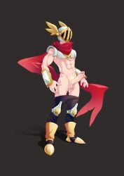 1man adult armpit_hair astrub_knight big_penis blonde_armpit_hair blonde_hair blonde_pubic_hair chocofrito erection helmet male male_only muscular pants_down pre_cum pubic_hair six_pack standing wakfu