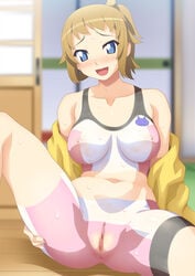 1girls anus blonde_hair blue_eyes blush breasts censored collarbone female female_only gundam gundam_build_fighters gundam_build_fighters_try highres hoshino_fumina jacket large_breasts legs long_hair looking_at_viewer mosaic_censoring navel open_clothes open_mouth ponytail pussy sitting solo studio_sunadokei sweat thighs tied_hair