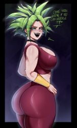 1girls ass big_ass big_breasts blue_eyes choker dat_ass deadcloud dialogue dragon_ball dragon_ball_super english_text female female_only female_saiyan green_hair kefla looking_at_viewer narrowed_eyes open_mouth saiyan smiling smiling_at_viewer smug solo spiked_hair talking_to_viewer thick_ass very_high_resolution