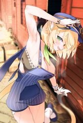 armpits blonde_hair blush bra checkered_bra cleavage conductor_hat conductor_uniform dooby3d gloves goggles green_eyes gurumie hand_above_head indie_virtual_youtuber jerboa jerboa_humanoid jpeg looking_at_viewer necktie open_mouth photo_background shoes socks sweat tail train virtual_youtuber wakipai