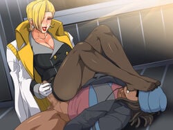 1boy blonde_hair censored charlemagne_(monsuno) dax_(monsuno) feet female femdom gureko_rouman handjob highres lipstick monsuno pantyhose toes