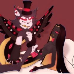 2boys cat_humanoid demon hazbin_hotel husk_(hazbin_hotel) long_hair riding_cock riding_penis sinner_demon sir_pentious_(hazbin_hotel) snake_humanoid