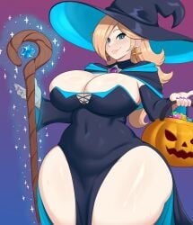 belly belly_button belly_button_visible_through_clothing big_breasts blonde_hair blue_eyes busty child_bearing_hips cleavage costume earrings halloween_costume hips huge_breasts jack-o'-lantern kt80at large_breasts light_skin mario_(series) princes princess_rosalina smile smiling smirk smirking staff tagme thick thick_thighs thighs tummy wide_hips witch witch_costume witch_hat