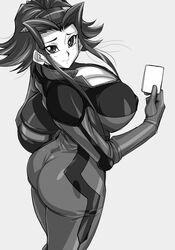 akiza_izinski ass breasts card_game cleavage clothing female female_only helmet hikawadou huge_ass human jumpsuit large_breasts monochrome nipples solo yu-gi-oh! yu-gi-oh!_5d's