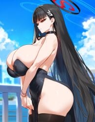 1girls ai_generated big_breasts black_hair blue_archive breasts female female_focus female_only huge_breasts large_breasts long_hair red_eyes rio_(blue_archive) thick_thighs thighs