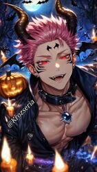 >:) >:p 1boy 2024 abs ai_assisted ai_generated bara bats candles chest collarbone demon demon_boy demon_horns demon_tail devil devil_boy devil_horns devil_tail earrings evil_eyes evil_smile fangs fangs_male from_above halloween_costume halloween_decoration halloween_pumpkin halloween_theme jujutsu_kaisen leaning_forward male_focus male_only muscle muscles muscular muscular_male necklace night nighttime pink_hair red_eyes ryoumen_sukuna_(jujutsu_kaisen) sadistic sharp_teeth tattoo tattooed_male tattoos vampire_teeth villain