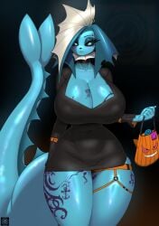 1girls 2020s 2024 2d 2d_(artwork) 5_fingers anthro anthrofied areola areolae big_breasts black_dress black_eyes black_sclera blue_body blue_scales blue_skin blush body_writing breasts busty child_bearing_hips cleavage collarbone dress ear eeveelution eyebrows eyeshadow female female_focus female_only fins furry furry_female furry_only hair halloween hi_res highres hips hot_spring hourglass_figure huge_thighs large_breasts long_ears looking_at_viewer makeup mammal manedkitsune marine navel nintendo nipple_bulge nipples pokemon pokemon_(species) shiny_skin skimpy skindentation slutty_outfit solo solo_female solo_focus tail tattoo tattoo_on_breast tattoo_on_legs tattoos thick_tail thigh_strap tight_clothing vaporeon voluptuous wide_hips