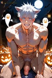 1boy abs ai_generated animal_ears armpit_hair bara blue_eyes bush bushy_pubes chest_hair completely_nude cum cum_drip erection fangs full_moon gay genital_fluids genitals goldenfieldszho hair hairy hairy_armpits hairy_arms hairy_balls hairy_legs hairy_male halloween jack-o'-lantern jujutsu_kaisen large_pectorals leg_hair looking_at_viewer male_focus male_pubic_hair moon muscular muscular_male naked naked_male navel night nipples nude outdoors pectorals penis pubic_hair pumpkin satoru_gojo short_hair solo sweat sweatdrop sweating sweaty sweaty_balls sweaty_body sweaty_genitalia sweaty_legs sweaty_thighs teeth testicles thick_thighs thighs uncensored vein veiny veiny_arms veiny_muscles werewolf white_hair wolf_ears yaoi