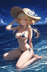 absurd_res ai_generated beach bikini blush breasts genshin_impact hat lumine_(genshin_impact) medium_breasts micro_bikini ministro ocean sitting