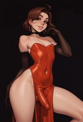 1boy ai_generated black_gloves brown_hair bulge civitai crossdressing curvy_figure elbow_gloves femboy jewelry looking_at_viewer red_dress thick_thighs