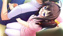 atelier_kaguya baku_ane_otouto_shibocchau_zo! black_hair blush braid breast_press breasts brother_and_sister censored choco_chip female game_cg glasses handjob hayasaki_naru incest kneeling large_breasts legs looking_down mosaic_censoring nurse nurse_cap pantyhose penis purple_eyes short_hair sitting smile thighs