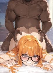 1boy 1girls ai_generated bed blush brown_eyes clenched_teeth dark-skinned_male doggy_style female fsm glasses long_hair orange_hair persona persona_5 sakura_futaba sex_from_behind wide-eyed