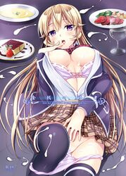 blush bow bow_bra bra bra_pull brown_hair cover cover_page doujin_cover female finger_licking food glass lace-trimmed_bra licking long_hair minase nakiri_erina nipples open_clothes open_mouth open_shirt panties plate purple_bra purple_eyes purple_panties school_uniform shirt shokugeki_no_souma skirt solo soup thighhighs underwear