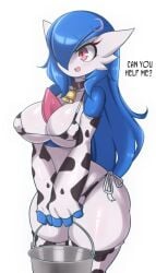 armsleeves big_breasts blue_hair breasts bucket cleavage cow_print cow_print_armwear cow_print_bikini cow_print_bra cow_print_gloves cow_print_legwear cow_print_panties cow_print_thighhighs cowbell cowbell_collar female fingerless_arm_sleeves fingerless_gloves furry gardevoir hairclip huge_breasts long_hair lucyfercomic mouth_open one_eye_covered one_eye_obstructed pokemon pokemon_(species) red_eyes saraiah_(heraldinthedark) shiny_pokemon thighhighs