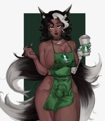 absurd_res animal_humanoid apron apron_only balls balls_outline big_breasts black_body black_fur black_hair black_lips black_lipstick bodily_fluids breasts brown_body brown_eyes bulge canid canid_humanoid canine canine_humanoid chest_scar clothing collar container corruption_of_champions_2 cup dark_body dark_skin detailed_bulge digital_media_(artwork) dipstick_ears dipstick_tail ear_markings facial_piercing facial_scar fox fox_ears fox_humanoid fur genital_outline genitals gynomorph hair herm_(lore) hi_res holding_container holding_cup holding_object holding_pen humanoid i_mean_breast_milk intersex lactating lactating_through_clothing lip_piercing lips lipstick logo_on_clothing looking_at_viewer makeup mammal mammal_humanoid markings meme milk mostly_nude multi_tail multicolored_ears multicolored_hair neck_tattoo nipples pen piercing prosthetic prosthetic_arm prosthetic_limb ranelle_otomo scar sheath_outline simple_background solo starbucks tail tail_markings two_tone_hair walkinho wavy_hair wet wet_clothing white_body white_fur