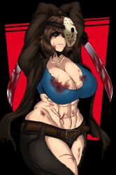 1girls abs arms_above_head big_breasts big_thighs bishoujo_jason_voorhees blood blood_on_face blue_eyes brown_hair cleavage female_abs friday_the_13th halloween hockey_mask horror horror_(theme) jason_voorhees light-skinned_female machete muscular_female ripped_clothing ripped_pants rule_63 ryosuart thick_thighs