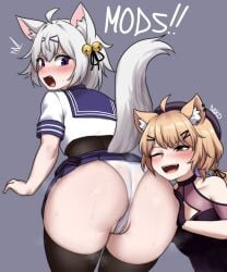 2d 2d_(artwork) 2girls ahoge animal_ear_fluff animal_ears animal_humanoid anus_peek artist_signature ass ass_focus bangs bare_shoulders bell bent_over big_ass big_butt black_legwear blonde_hair blush breasts cat_ears clothed dako dako_(dakosito) dress english_dialogue english_text eyebrows_visible_through_hair fang female_only filian filian_(vtuber) from_behind gloves grey_background hair_between_eyes hair_ornament hairclip high_resolution highres human indie_virtual_youtuber jingle_bell light-skinned_female light_brown_hair light_skin looking_at_viewer looking_back multiple_girls one_eye_closed open_mouth panties purple_eyes rn2024 sailor_collar school_uniform serafuku shirt short_hair short_sleeves silver_hair simple_background skin_fang skirt sleeveless smile spanked squchan_(vtuber) sweat tail thighhighs thighs underwear upskirt virtual_youtuber vyugen white_hair white_panties white_shirt yuri