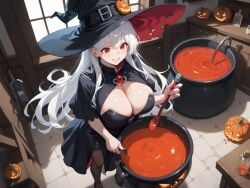 ai_generated cauldron cleavage halloween historyia jack-o'-lantern original original_character red_eyes white_hair witch witch_costume witch_hat