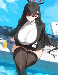 1girls ai_generated big_breasts black_hair blue_archive breasts female female_focus female_only huge_breasts large_breasts long_hair red_eyes rio_(blue_archive) thick_thighs thighs