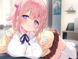 1girl absurdres bed bed_sheet blunt_bangs blush book bow breasts cardigan cleavage closed_mouth collared_shirt curtains day hair_between_eyes hair_bow hair_bun highres indoors large_breasts looking_at_viewer lying medium_hair natsuki_marina on_bed on_side original picture_frame pink_bow pink_hair plaid_clothes plaid_skirt pleated_skirt purple_eyes red_skirt school_uniform shirt sidelocks skirt smile solo thighhighs white_shirt white_thighhighs yellow_cardigan