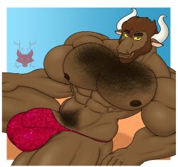 abs anthro areola balls_outline beach beard big_bulge big_pecs biped body_hair bovid brown_body bulge caprine chest_hair clothing dark_nipples detailed_bulge facial_hair fayrofire genital_outline genitals goat hi_res huge_bulge kabo_(pointlesskab) male male_anthro mammal muscular muscular_anthro muscular_male nipples pecs penis penis_base penis_outline pubes solo thong underwear