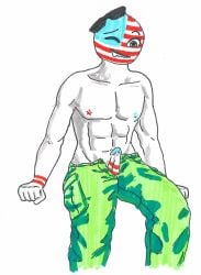 cargo_pants countryhumans erection male_only penis_through_fly shirtless solo solo_male united_states_of_america_(countryhumans)