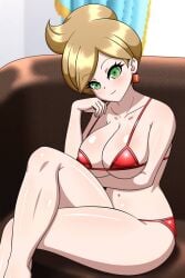 1girls arm_under_breasts aurea_juniper big_breasts bra breasts brown_hair couch earrings green_eyes hair_bun large_breasts looking_at_viewer midriff milf navel nintendo panties pokemon pokemon_bw red_bra red_panties sitting_on_couch yensh