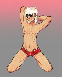 1boy arms_behind_head arms_up belly_button_piercing belly_pier belly_piercing blonde_hair blonde_hair_male cheek_piercing color colored dave_strider ear_piercing ear_piercings glasses gym_shorts headgear headwear homestuck looking_at_viewer male male_focus male_only nipple nipple_piercing nipple_piercings nipples nose_piercing pierced_belly_button piercing piercings posing posing_for_the_viewer presenting shades short_hair short_hair_male short_shorts shorts solo solo_male sunglasses topless viktor