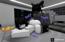 1boy 1girls 3d big_ass big_butt black_hair blackhornzz glasses horns laying_down laying_on_bed onomatopoeia prone_bone roblox robloxian sex shoes tagme thighhighs twitter_username white_body