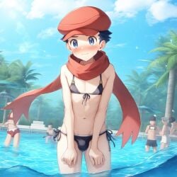 ai_generated erect_nipples femboy gay pokemon pool public rei_(pokemon) swimsuit