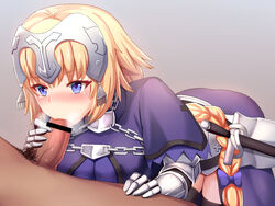 1boy 1girls armor armored_dress bangs bar_censor bent_over black_legwear blonde_hair blowjob blue_eyes blush braid breasts breath capelet censored dress erection eyebrows_visible_through_hair fate/apocrypha fate_(series) faulds fellatio female gauntlets headpiece jeanne_d'arc_(fate) jeanne_d'arc_(fate)_(all) large_breasts long_braid long_hair male male_pubic_hair nose_blush oral oral_sex partial_male penis pink_lips purple_dress scabbard sheathed shin'yashiki single_braid straight sword thighhighs very_long_hair weapon