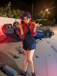 1boy 1female after_sex black_panties black_skirt blush bottomless broken_glasses brown_eyes car_accident crash glasses kensuke_aida khyleri long_hair looking_away miniskirt misato_katsuragi neon_genesis_evangelion nervous panties_around_one_leg panties_removed red_jacket running_away sweatdrop teeth_clenched violet_hair vodka