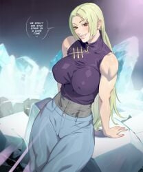 1girls 2d 2d_(artwork) 2d_artwork abs arms_heldback arttoru big_breasts blonde_hair blue_jeans breasts clothed clothed_female clothing english_text female female_only hi_res jeans jujutsu_kaisen light-skinned_female light_skin long_hair muscular muscular_arms muscular_female muscular_thighs red_eyes smile smiling smiling_at_viewer text text_bubble thick thick_legs thick_thighs yuki_tsukumo