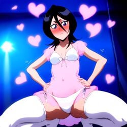 ai_assisted ai_generated anime_screencap anime_style ass ass_shake ass_visible_from_the_front black_hair bleach dancing embarrassed full_face_blush hands_on_hips kuchiki_rukia looking_at_viewer nightclub nightgown see-through_clothing self_upload selvokaz short_hair small_breasts squatting tagme twerking white_bra white_panties white_thighhighs wide_hips