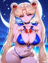 1girls ai_generated beach bikini blonde_hair blush breasts difuxer female female_focus female_only huge_breasts large_breasts light-skinned_female light_skin night sailor_collar sailor_moon solo thick_thighs thighs wide_hips