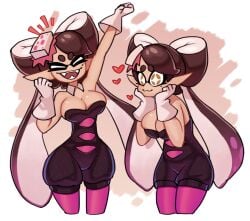 1girls :3 big_breasts breasts callie_(splatoon) cleavage closed_eyes detached_collar gloves inkling inkling_girl krutr_(artist) long_hair mole mole_under_eye nintendo open_mouth pointy_ears splatoon tentacle tentacle_hair tongue two_tone_hair white_gloves