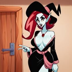 ai_generated bathrobe big_breasts cartoon_network civitai clothed door mighty_magiswords morbidia red_hair solo tagme wide_hips witch witch_hat